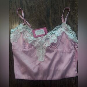Brand New with tags Edikted pink satin lank with white lace detailing